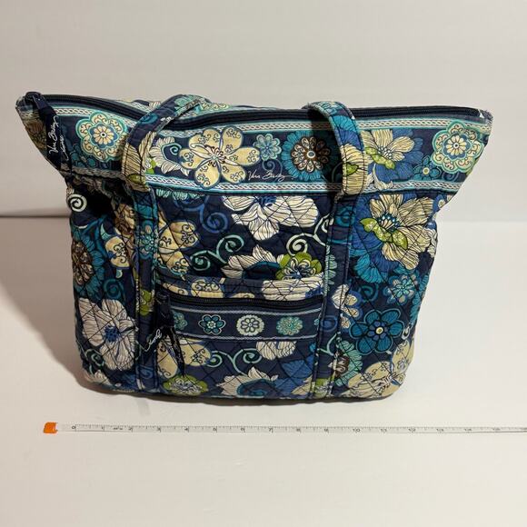 💙 Vera Bradley Large Zipper Tote Bag Mod Floral Blue Quilted Shoulder Retired - Picture 4 of 7